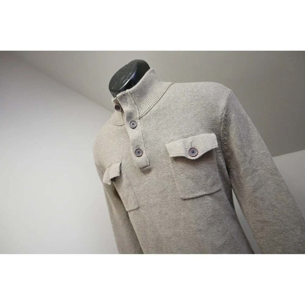 Banana Republic Sweater Men Large Tan Beige Mock Neck Button Up Pockets EUC